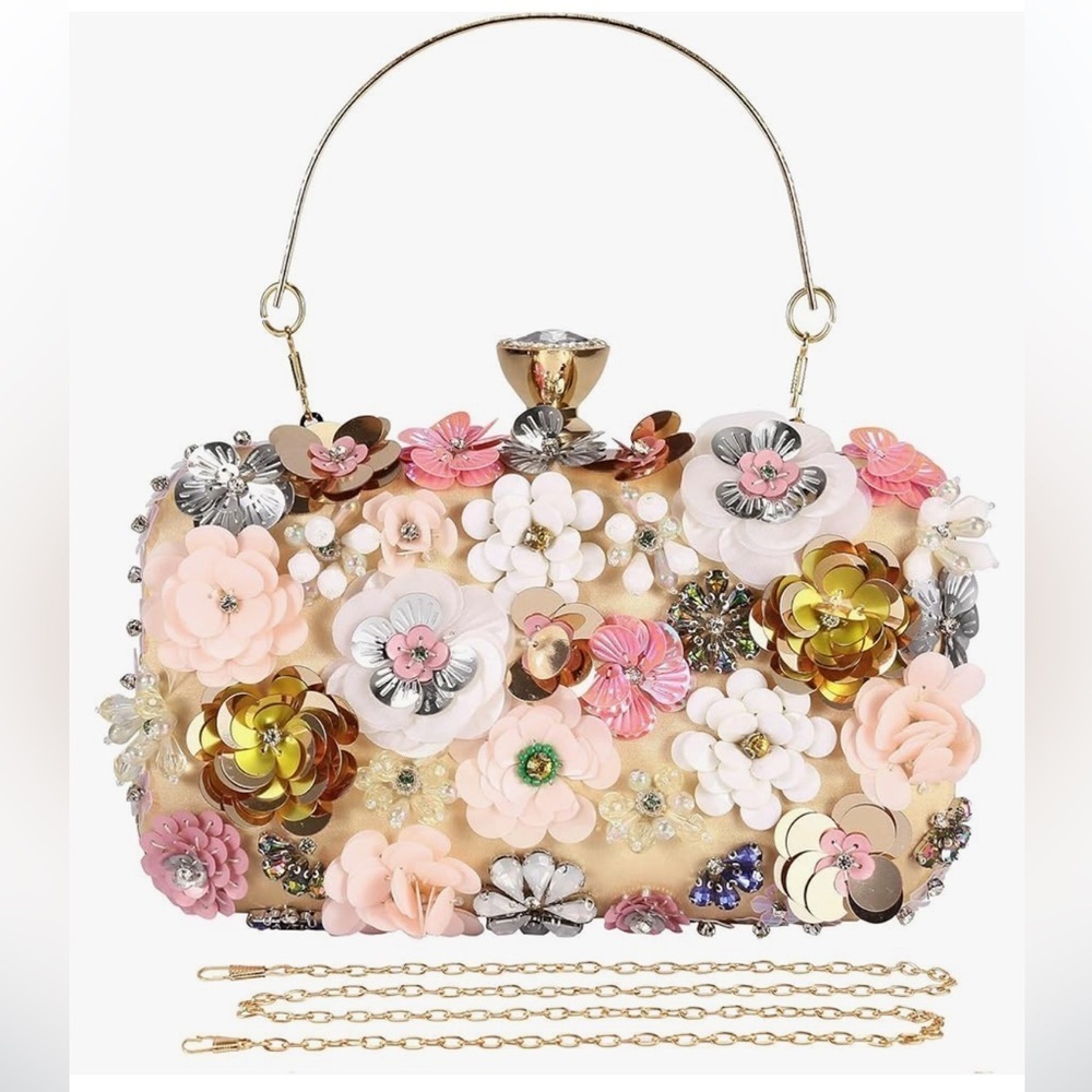 Floral satin clutch purse handbag with gold attachable crossbody strap w…